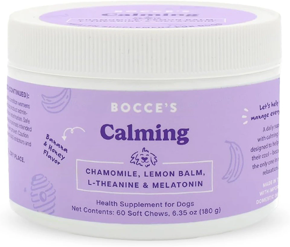 Bocce's Dog Supplement Calming Chamomile-Lemon Balm- L-Theanine & Melatonin Banana & Honey -- 90 Soft Chews
