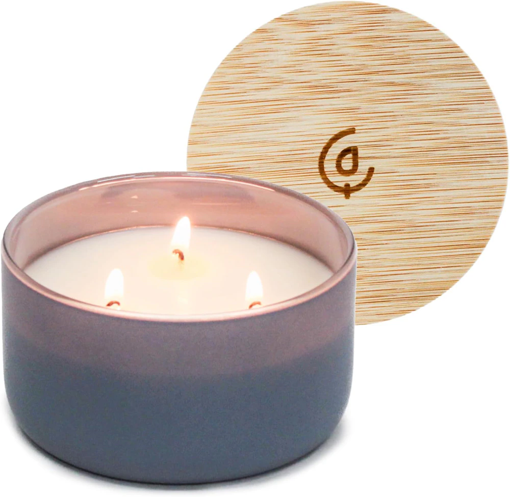 Calyan Wax Co Soy Candle 3 Wick Blue Glass Jar - Charcoal + Sandalwood -- 8 oz