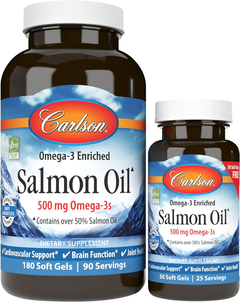 Carlson Norwegian Salmon Oil BOGO 180 Ct + 50 Ct -- 500 mg - 180 Softgels Each / Pack of 2