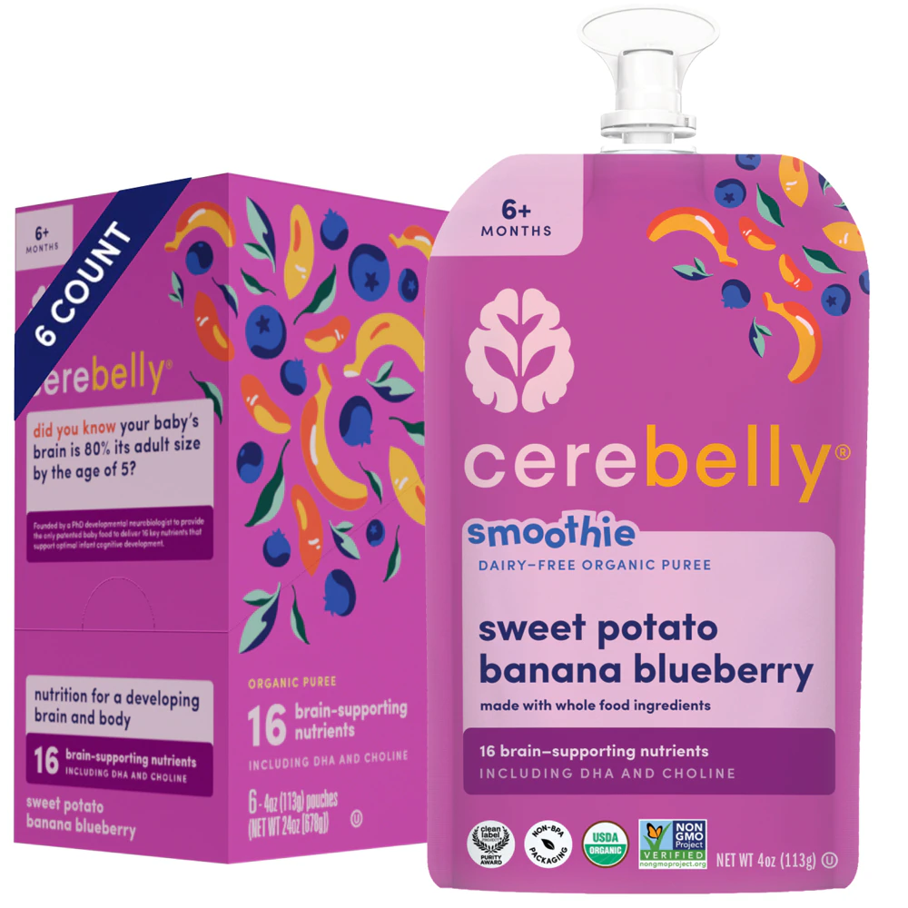 Cerebelly Organic Baby Food Dairy Free Smoothie Stage 2 Sweet Potato Banana Blueberry -- 6 Pack