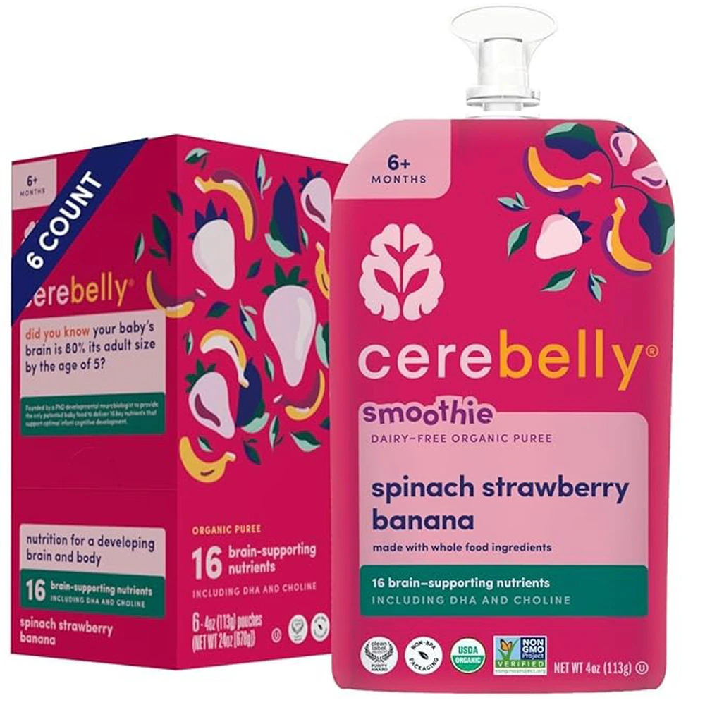 Cerebelly Organic Baby Food Dairy Free Smoothie Stage 2 Spinach Strawberry Banana -- 6 Pack
