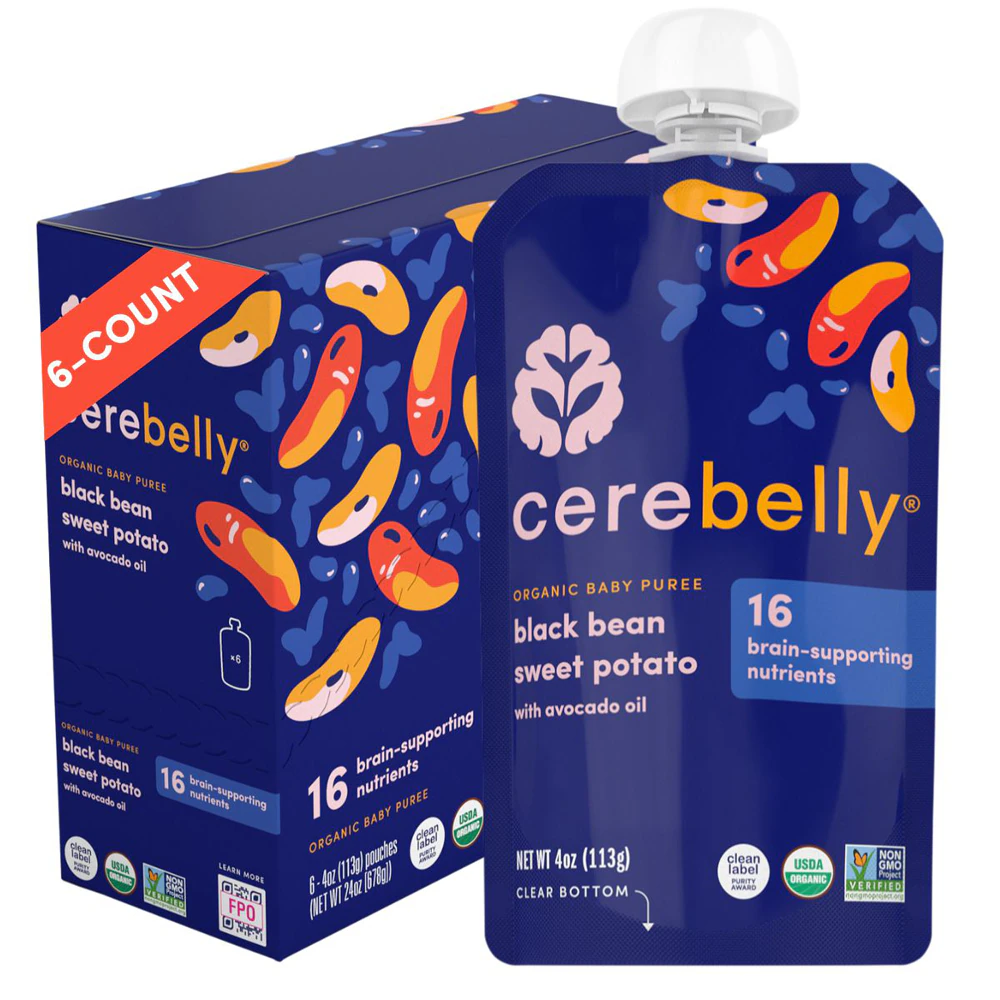 Cerebelly Organic Baby Food Purees Black Bean Sweet Potato with Avocado Oil -- 6 Pouches