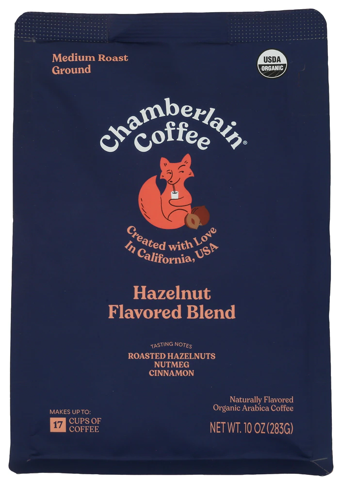 Chamberlain Coffee Organic Ground Coffee Medium Roast Hazelnut Flavored Blend -- 10 oz