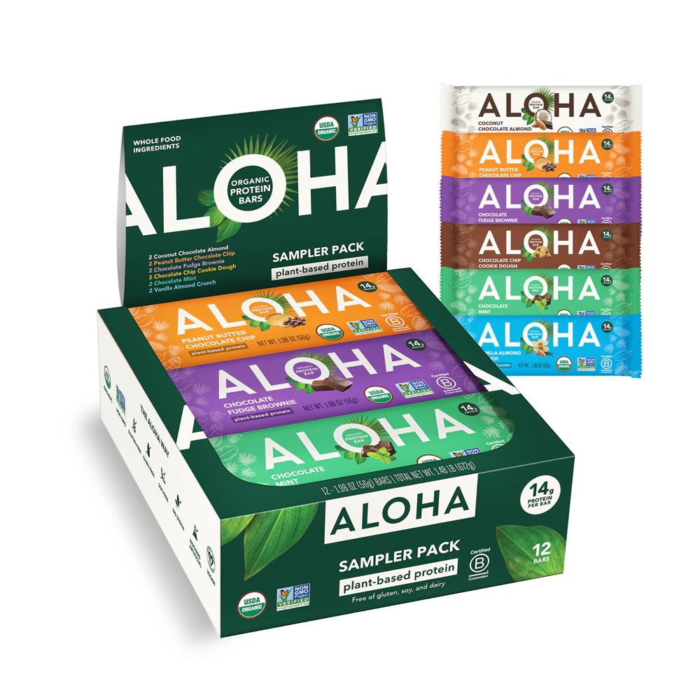 Aloha Organic Plant-Based Protein Bars Sampler Pack -- 12 Bars