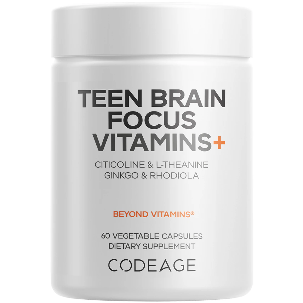 Codeage Teen Brain Focus Vitamins+ Citicoline Cognizin - L-Theanine - Herbal Blend - 12-18 Years -- 60 Capsules