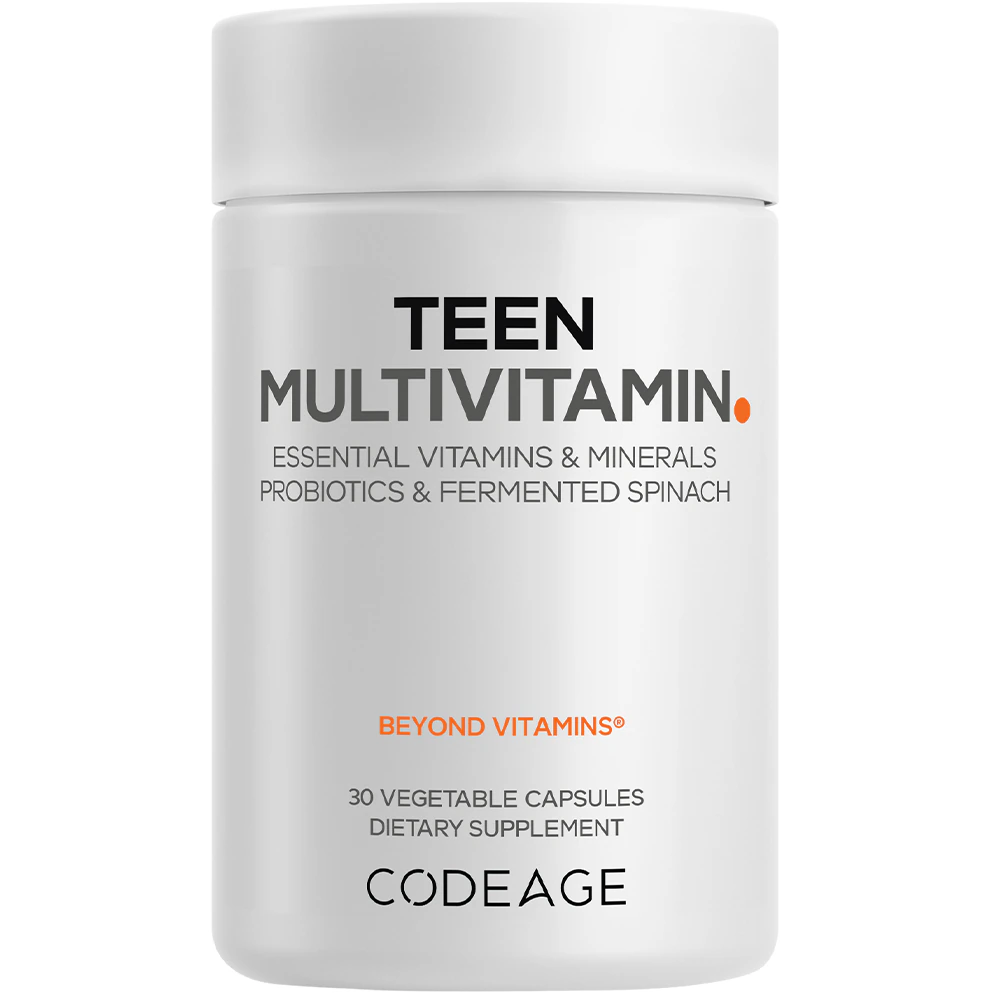 Codeage Teen Multivitamin Vitamins A C D3 B6 B12 Iron Zinc Probiotics Spinach Leaf -- 30 Capsules