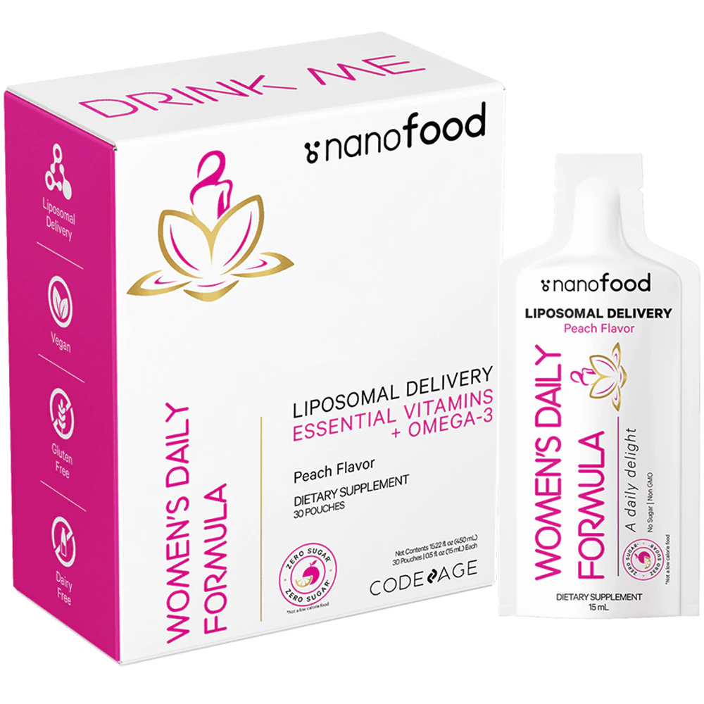 Codeage Women's Multi - Daily Liquid Multivitamin Liposomal Vitamins A C D E Biotin Omega-3 Vegan Supplement Peach -- 30 Pouches