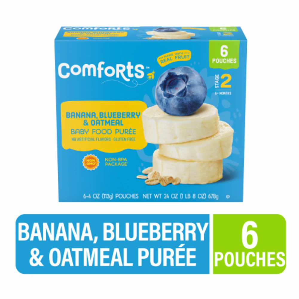 Comforts Baby Food Puree 6+ Months Banana Blueberry & Oatmeal -- 6 Pouches