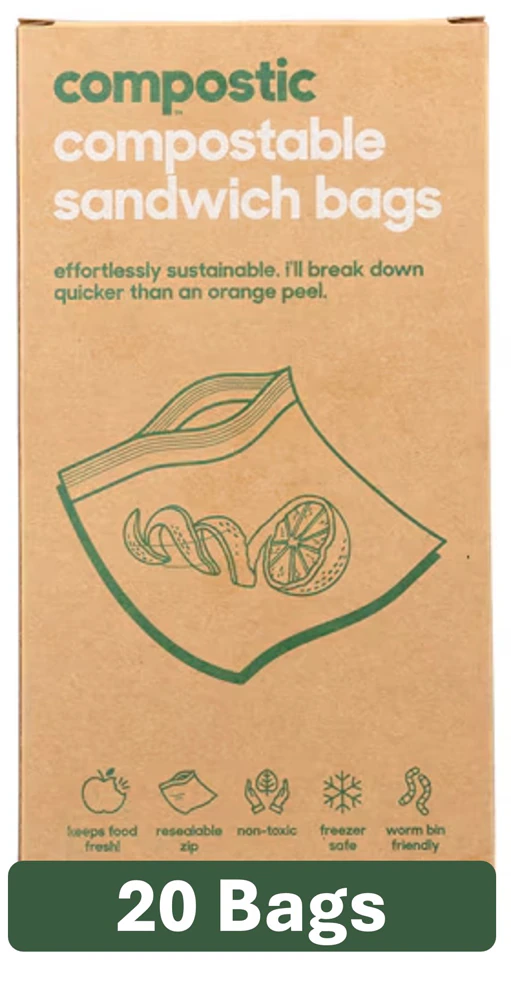 Compostic Sandwich Bags Compostable Resealable Freezer Safe -- 20 Bags