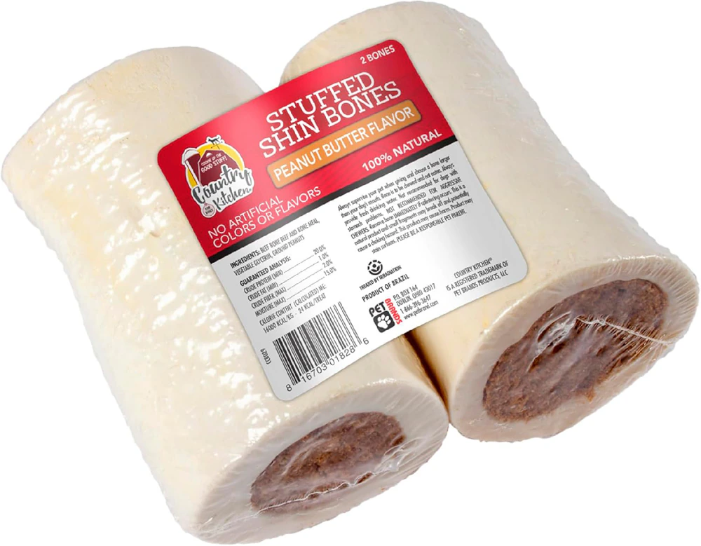 Country Kitchen Dog Chew Treat Stuffed Shin Bone Peanut Butter -- 2 Bones