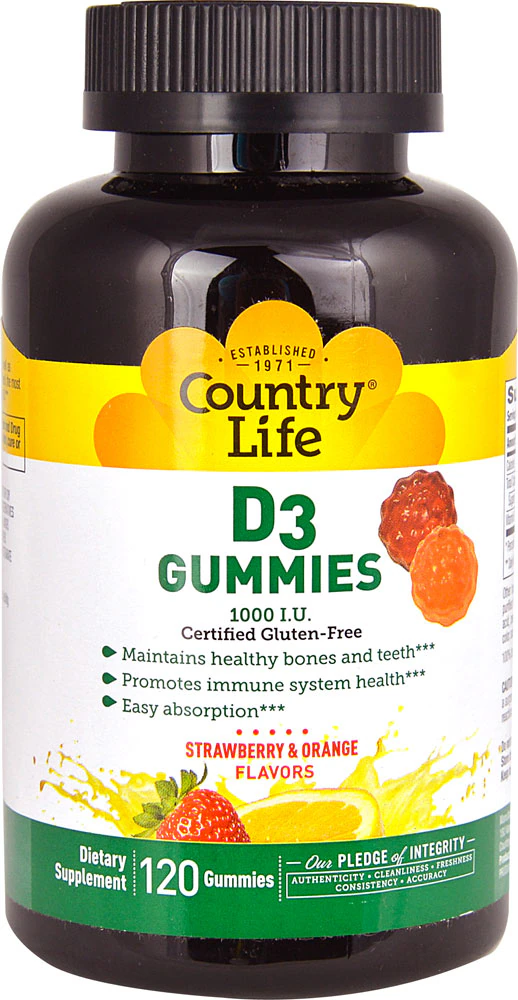 Country Life D3 Gummies Strawberry & Orange -- 1000 IU - 120 Gummies