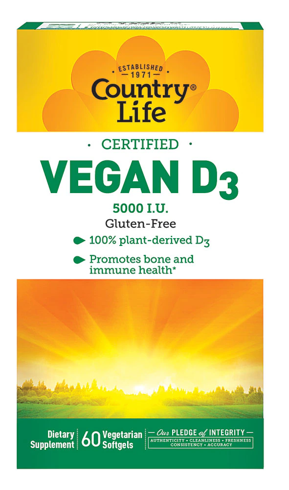 Country Life Vegan D3 Gluten Free -- 5000 IU - 60 Vegetarian Softgels