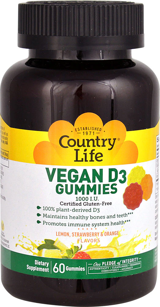 Country Life Vegan D3 Gummies Lemon Strawberry & Orange -- 1000 IU - 60 Gummies
