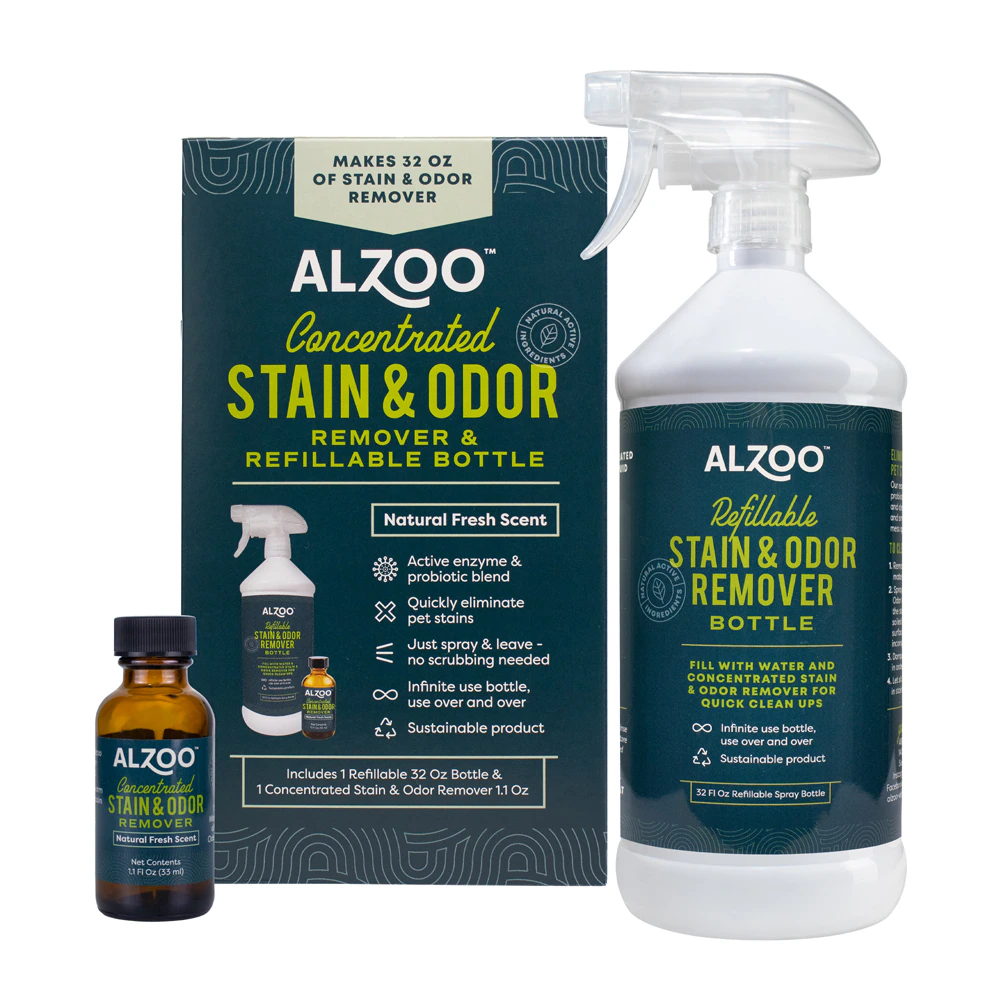 Alzoo Stain & Odor Remover Liquid Concentrate & Refillable Bottle Natural Fresh Scent -- 1.1 oz