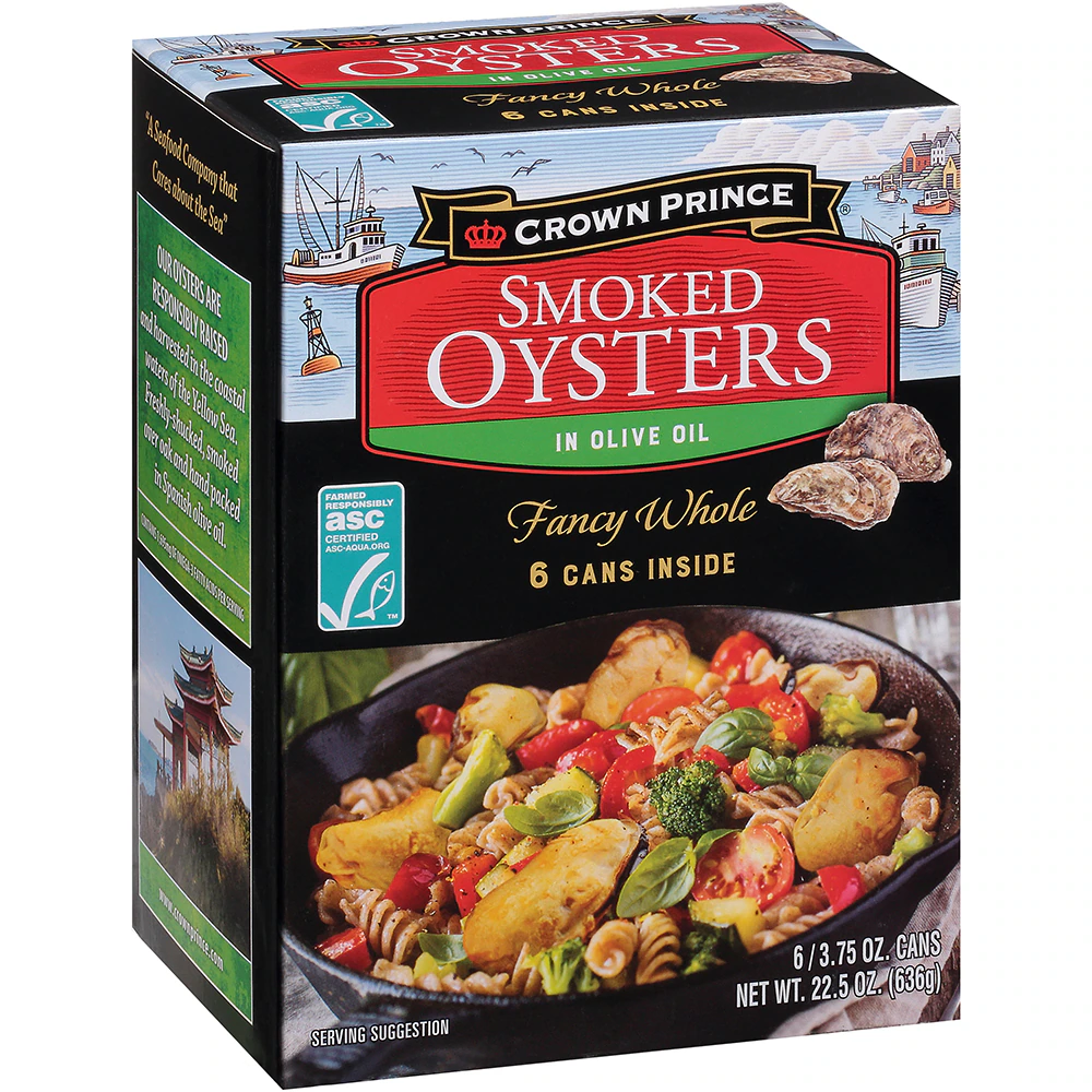 Crown Prince Non-GMO Smoked Oysters in Olive Oil 6 Cans -- 22.5 oz