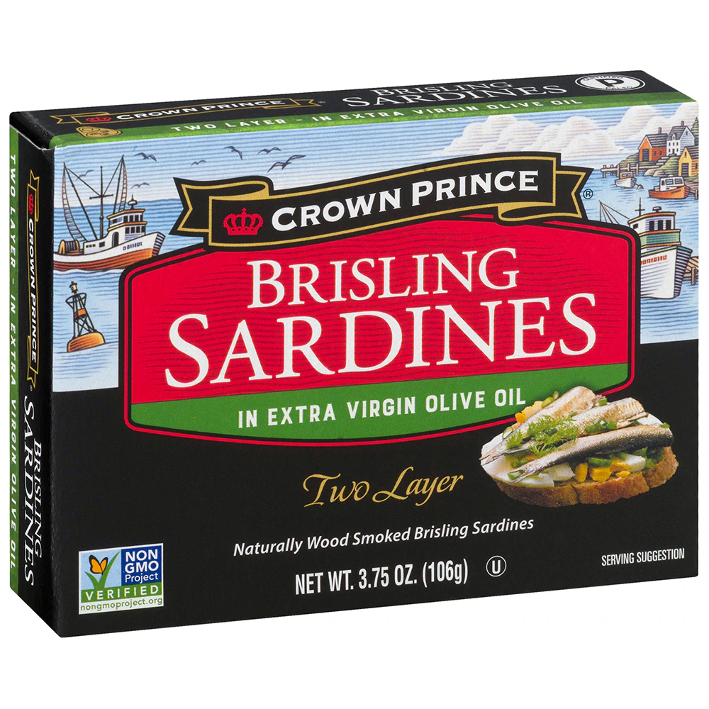 Crown Prince Non-GMO Wood Smoked Brisling Sardines In Extra Virgin Olive Oil -- 3.75 oz