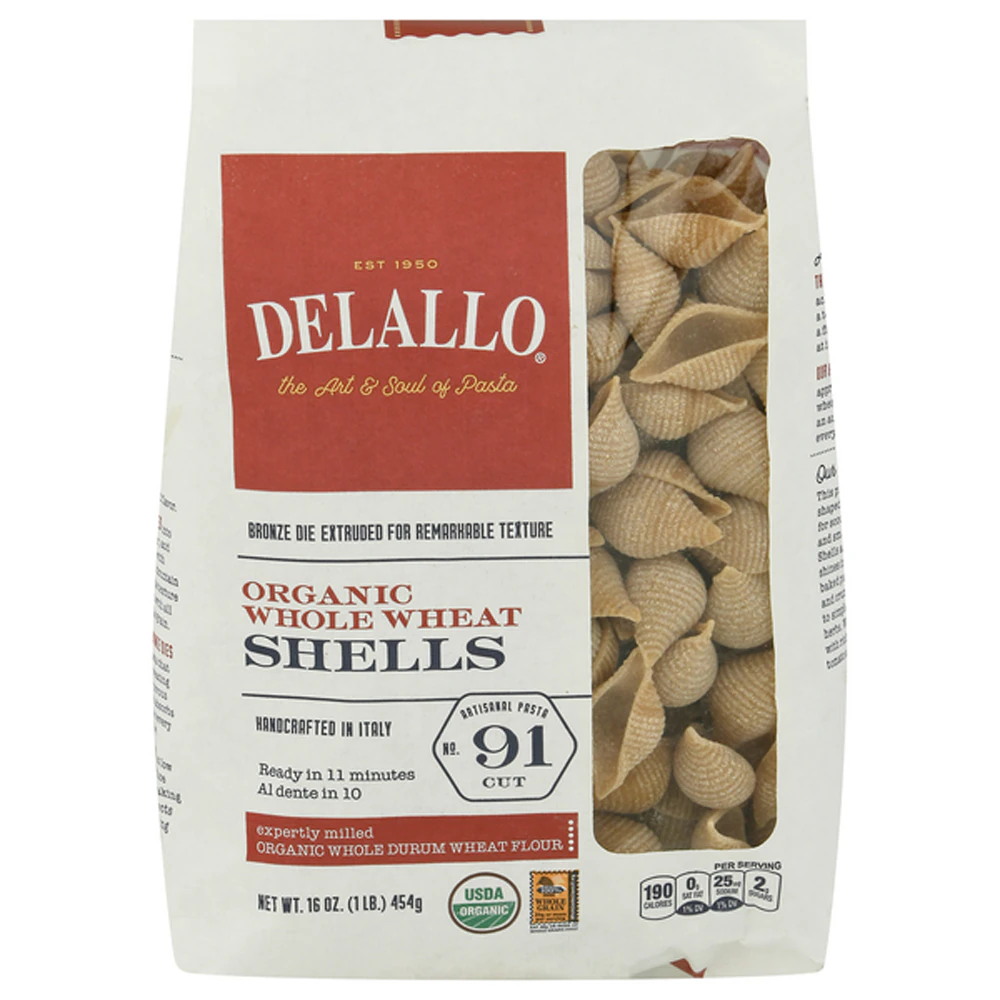 Delallo Organic Whole Wheat Shells Artisanal No 91 Cut -- 1 lb