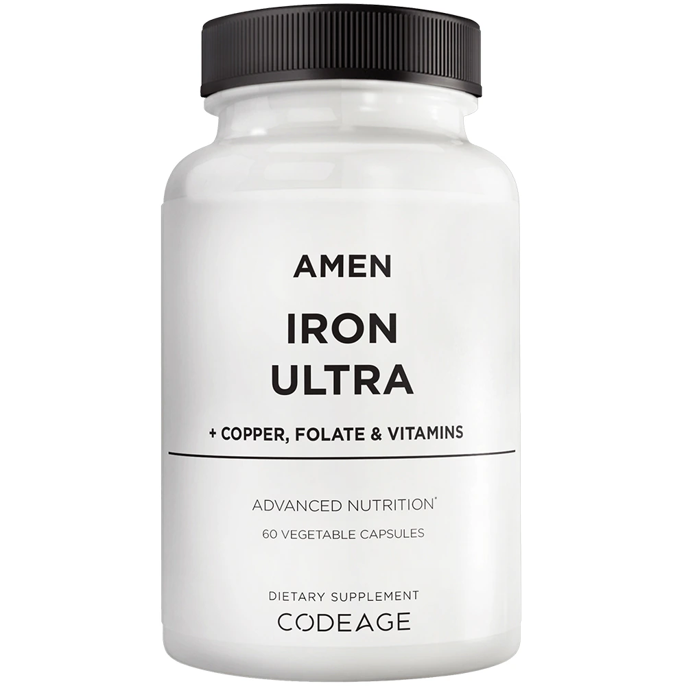 AMEN Iron Ultra Supplement + Copper Folate Vitamin C & B12 Ferrous Sulfate -- 65 mg - 60 Vegetable Capsules
