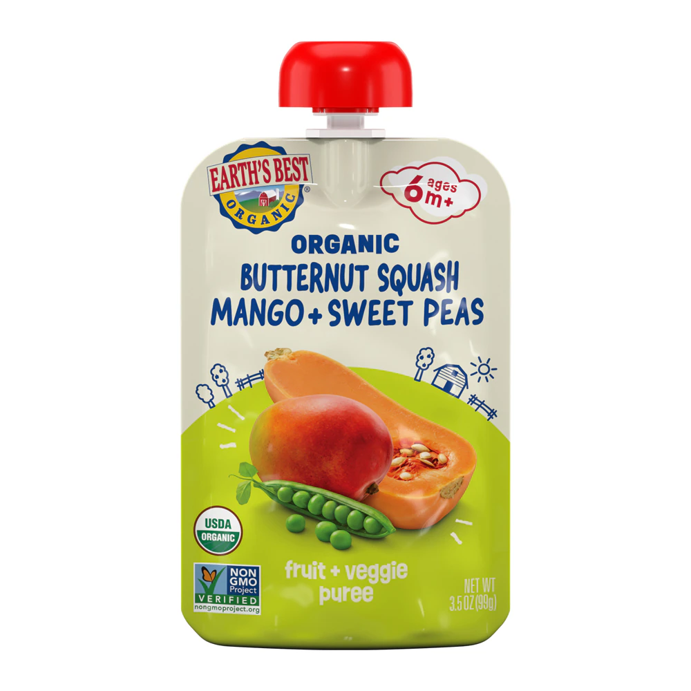 Earth's Best Organic Baby Food Puree 6+ Months Butternut Squash Mango & Sweet Peas -- 3.5 oz