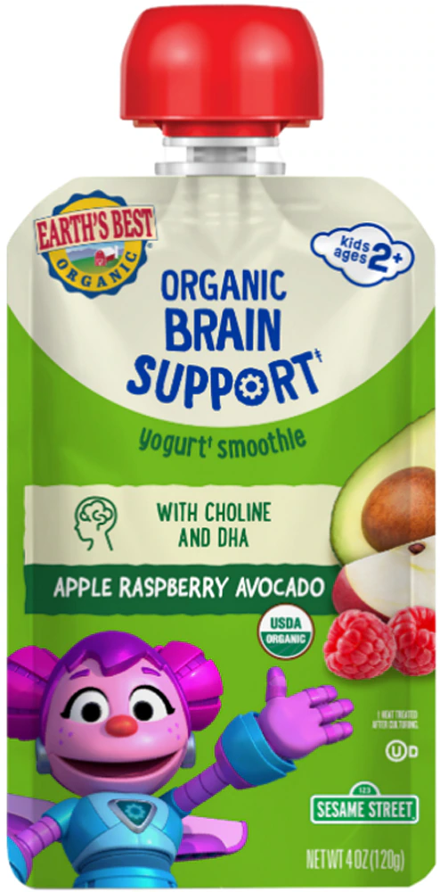 Earth's Best Organic Brain Support Smoothie Kids 2 + Year Apple Raspberry Avocado -- 4 oz
