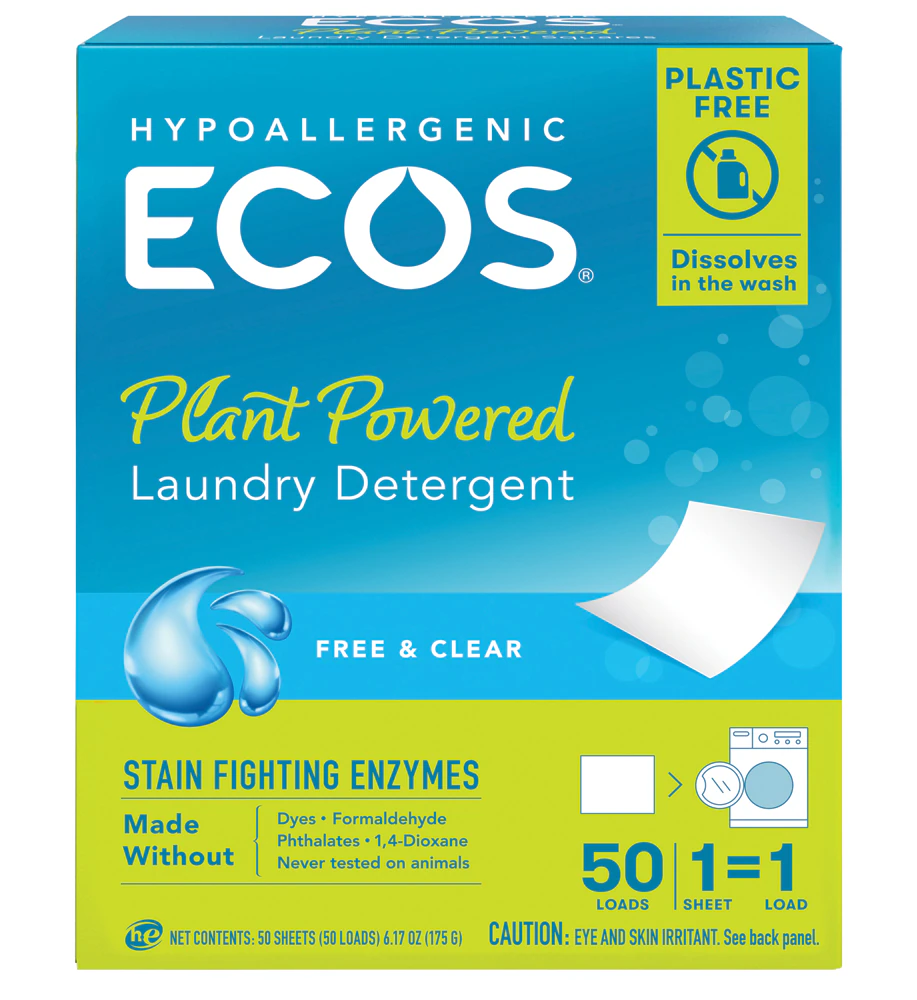 ECOS Laundry Detergent Sheets Plastic-Free Free & Clear -- 50 Loads