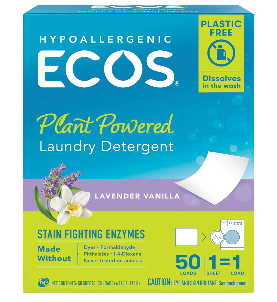 ECOS Laundry Detergent Sheets Plastic-Free Lavender Vanilla -- 50 Loads