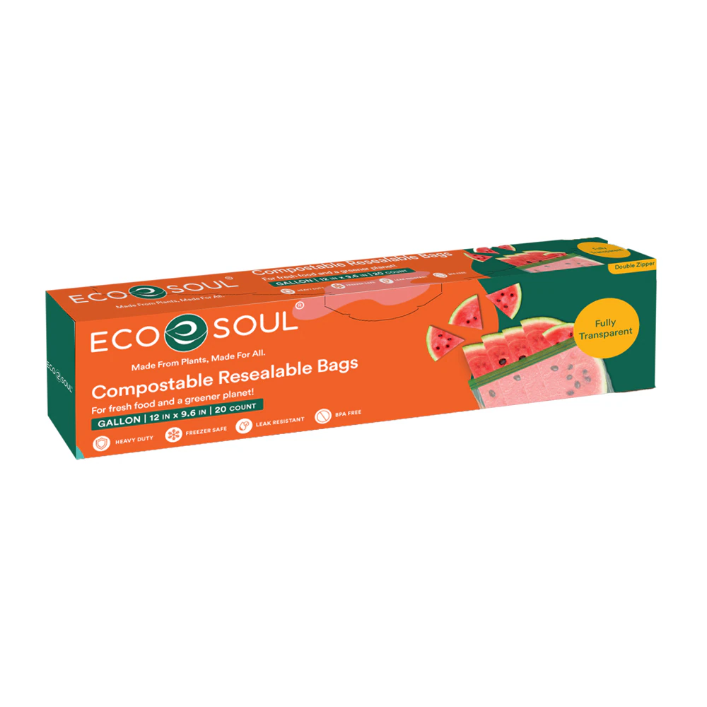 EcoSoul Gallon Bags Resealable Compostable Plant-Based -- 25 Bags