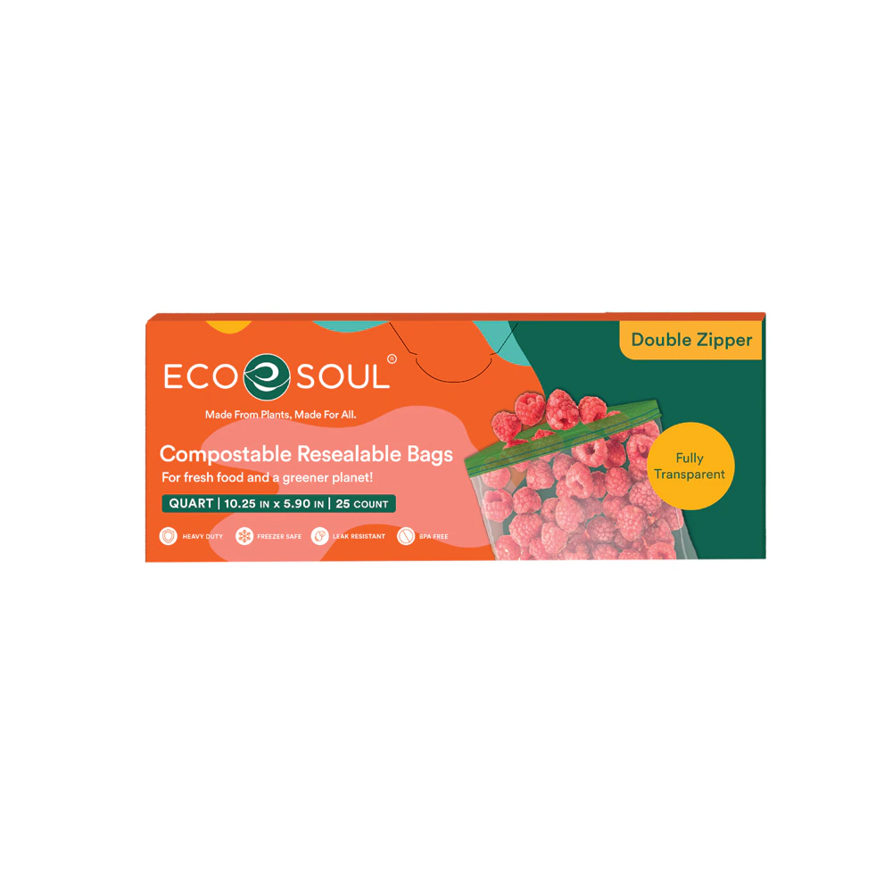 EcoSoul Quart Bags Resealable Compostable Plant-Based -- 25 Bags