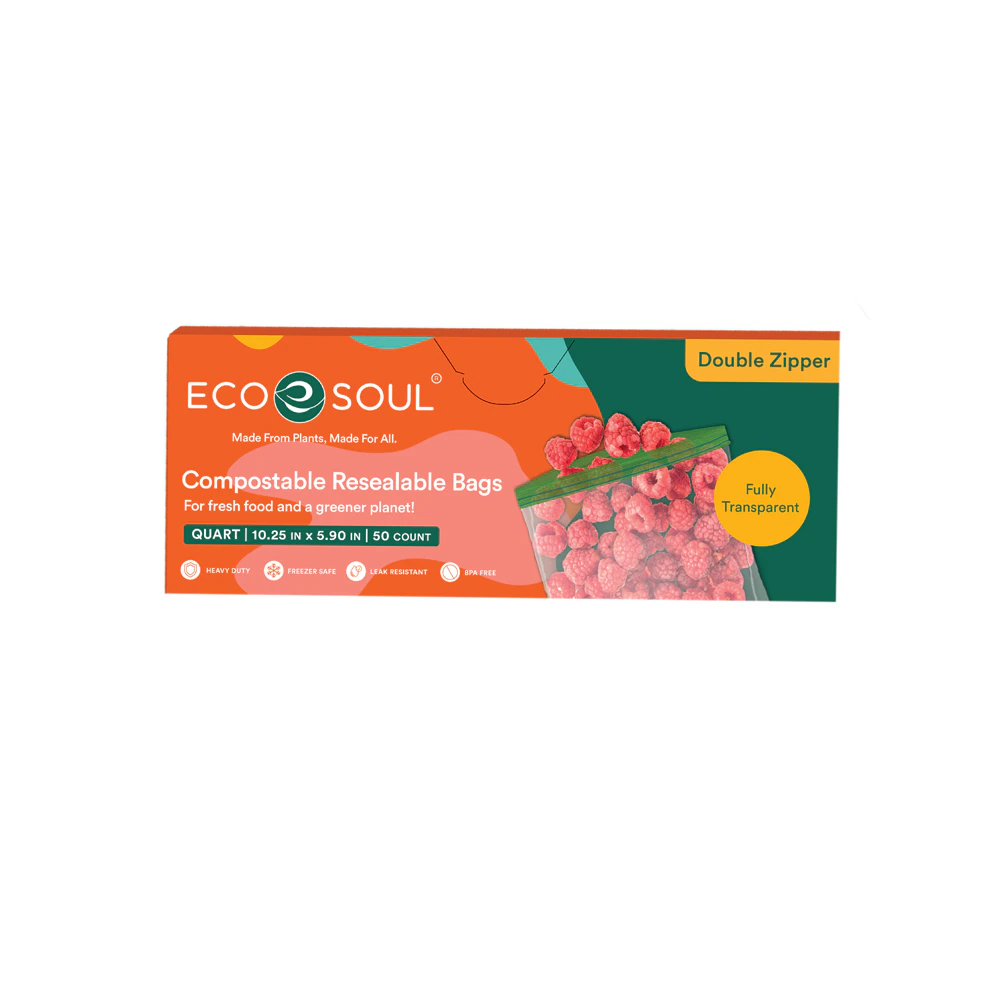 EcoSoul Quart Bags Resealable Compostable Plant-Based -- 50 Bags