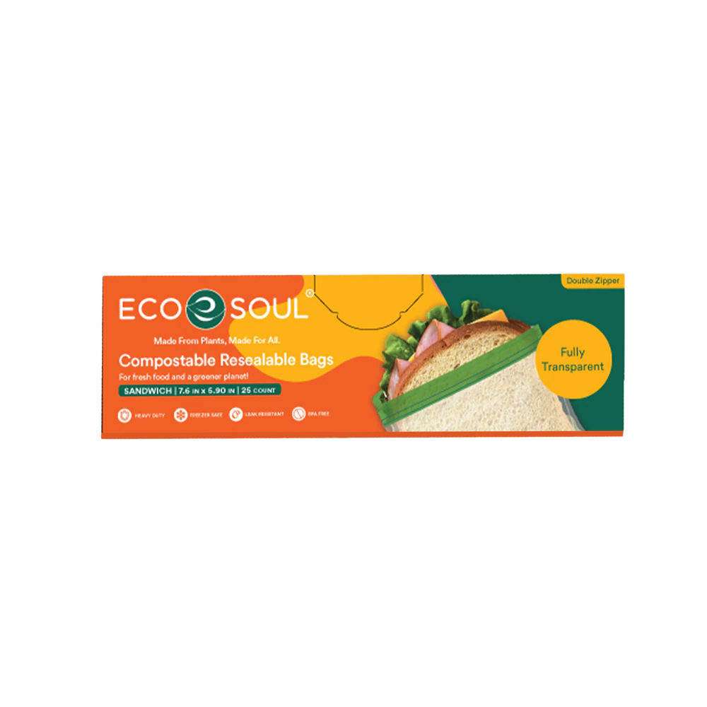 EcoSoul Sandwich Bags Resealable Compostable Plant-Based -- 25 Bags