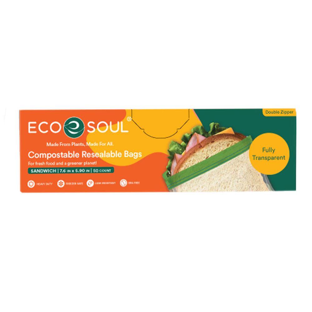 EcoSoul Sandwich Bags Resealable Compostable Plant-Based -- 50 Bags