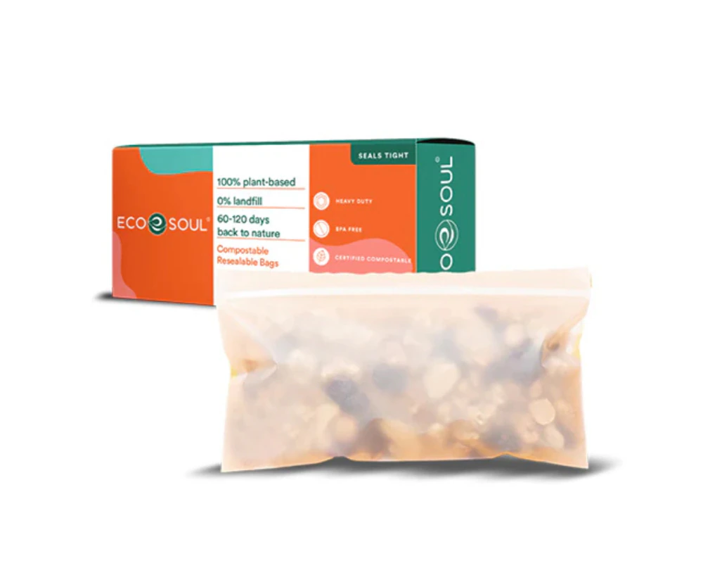 EcoSoul Snack Bags Resealable Compostable Plant-Based -- 25 Bags
