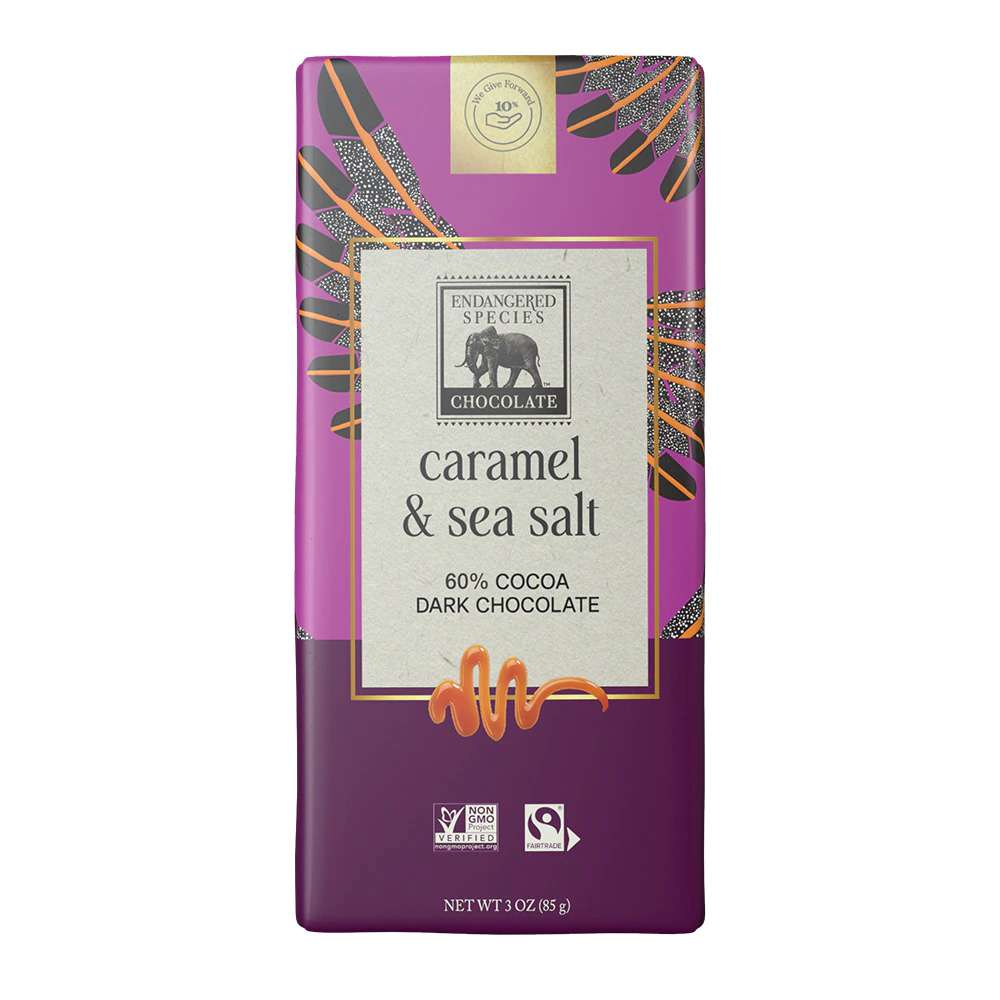 Endangered Species Dark Chocolate 60% Cocoa Bar Gluten Free Caramel and Sea Salt -- 3 oz