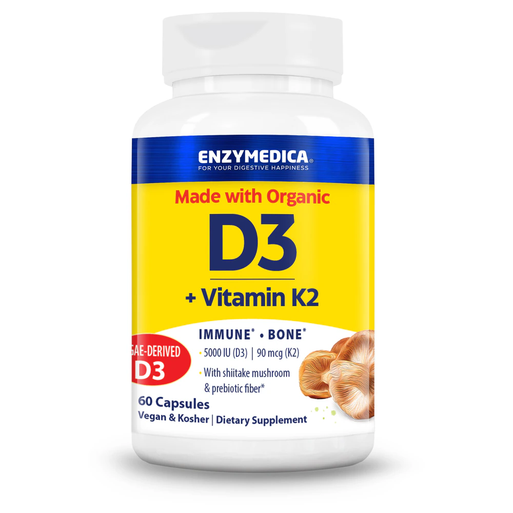 Enzymedica Organic Vitamin D3+K2 with Shitake Mushrooms & Prebiotic Fiber -- 60 Capsules